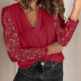 Women V-neck Lace Hollow Out Blouse Patchwork Long Sleeve White Office Ladies Blouses 2020 Summer Casual Solid Female Tops - ENSEIGNE DENIS