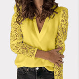 Women V-neck Lace Hollow Out Blouse Patchwork Long Sleeve White Office Ladies Blouses 2020 Summer Casual Solid Female Tops - ENSEIGNE DENIS