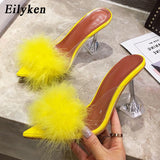 Eilyken Summer Woman Pumps PVC Transparent Feather Perspex Crystal High Heels Fur Peep Toe Mules Slippers Ladies Slides Shoes - ENSEIGNE DENIS