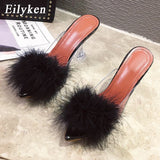 Eilyken Summer Woman Pumps PVC Transparent Feather Perspex Crystal High Heels Fur Peep Toe Mules Slippers Ladies Slides Shoes - ENSEIGNE DENIS