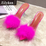 Eilyken Summer Woman Pumps PVC Transparent Feather Perspex Crystal High Heels Fur Peep Toe Mules Slippers Ladies Slides Shoes - ENSEIGNE DENIS