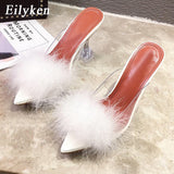 Eilyken Summer Woman Pumps PVC Transparent Feather Perspex Crystal High Heels Fur Peep Toe Mules Slippers Ladies Slides Shoes - ENSEIGNE DENIS
