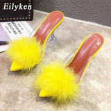 Eilyken Summer Woman Pumps PVC Transparent Feather Perspex Crystal High Heels Fur Peep Toe Mules Slippers Ladies Slides Shoes - ENSEIGNE DENIS