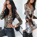 Women Long Sleeve Leopard Skin Prinetd Bodysuit Autumn Casual Jumpsuit Bodysuit Slim V Neck Leotard Tops Fashion Slim Bodysuit