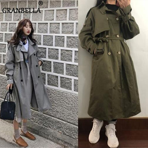 5 Colors spring casual loose cotton trench coat with sashes oversize double breasted vintage cloak overcoats windbreaker - ENSEIGNE DENIS