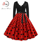 Black Big Swing Print Vintage Christmas Dress Women Winter Casual Long Sleeve V Neck Sexy New Year Party Dress Plus Size S~3XL