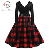 Black Big Swing Print Vintage Christmas Dress Women Winter Casual Long Sleeve V Neck Sexy New Year Party Dress Plus Size S~3XL