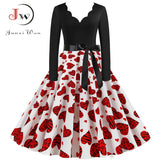 Black Big Swing Print Vintage Christmas Dress Women Winter Casual Long Sleeve V Neck Sexy New Year Party Dress Plus Size S~3XL