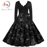 Black Big Swing Print Vintage Christmas Dress Women Winter Casual Long Sleeve V Neck Sexy New Year Party Dress Plus Size S~3XL