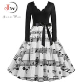 Black Big Swing Print Vintage Christmas Dress Women Winter Casual Long Sleeve V Neck Sexy New Year Party Dress Plus Size S~3XL