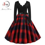 Black Big Swing Print Vintage Christmas Dress Women Winter Casual Long Sleeve V Neck Sexy New Year Party Dress Plus Size S~3XL