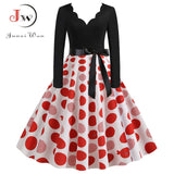 Black Big Swing Print Vintage Christmas Dress Women Winter Casual Long Sleeve V Neck Sexy New Year Party Dress Plus Size S~3XL