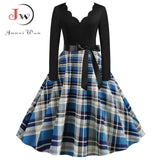 Black Big Swing Print Vintage Christmas Dress Women Winter Casual Long Sleeve V Neck Sexy New Year Party Dress Plus Size S~3XL