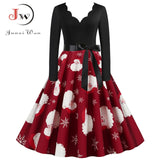 Black Big Swing Print Vintage Christmas Dress Women Winter Casual Long Sleeve V Neck Sexy New Year Party Dress Plus Size S~3XL