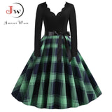 Black Big Swing Print Vintage Christmas Dress Women Winter Casual Long Sleeve V Neck Sexy New Year Party Dress Plus Size S~3XL