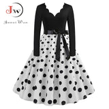 Black Big Swing Print Vintage Christmas Dress Women Winter Casual Long Sleeve V Neck Sexy New Year Party Dress Plus Size S~3XL