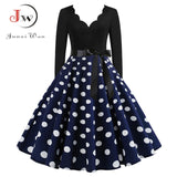 Black Big Swing Print Vintage Christmas Dress Women Winter Casual Long Sleeve V Neck Sexy New Year Party Dress Plus Size S~3XL