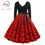 Black Big Swing Print Vintage Christmas Dress Women Winter Casual Long Sleeve V Neck Sexy New Year Party Dress Plus Size S~3XL