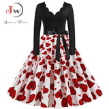 Black Big Swing Print Vintage Christmas Dress Women Winter Casual Long Sleeve V Neck Sexy New Year Party Dress Plus Size S~3XL