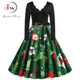 Black Big Swing Print Vintage Christmas Dress Women Winter Casual Long Sleeve V Neck Sexy New Year Party Dress Plus Size S~3XL
