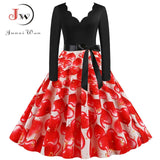 Black Big Swing Print Vintage Christmas Dress Women Winter Casual Long Sleeve V Neck Sexy New Year Party Dress Plus Size S~3XL
