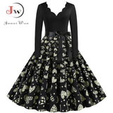 Black Big Swing Print Vintage Christmas Dress Women Winter Casual Long Sleeve V Neck Sexy New Year Party Dress Plus Size S~3XL