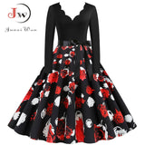 Black Big Swing Print Vintage Christmas Dress Women Winter Casual Long Sleeve V Neck Sexy New Year Party Dress Plus Size S~3XL
