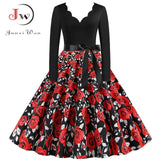 Black Big Swing Print Vintage Christmas Dress Women Winter Casual Long Sleeve V Neck Sexy New Year Party Dress Plus Size S~3XL