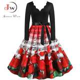 Black Big Swing Print Vintage Christmas Dress Women Winter Casual Long Sleeve V Neck Sexy New Year Party Dress Plus Size S~3XL