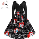 Black Big Swing Print Vintage Christmas Dress Women Winter Casual Long Sleeve V Neck Sexy New Year Party Dress Plus Size S~3XL