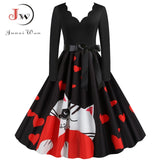 Black Big Swing Print Vintage Christmas Dress Women Winter Casual Long Sleeve V Neck Sexy New Year Party Dress Plus Size S~3XL