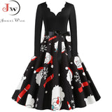 Black Big Swing Print Vintage Christmas Dress Women Winter Casual Long Sleeve V Neck Sexy New Year Party Dress Plus Size S~3XL