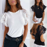 Mesh O-neck Patchwork Blouses Women 2020 Summer Office Lady Tops Woman Black White Solid Lace Petal Short Sleeve Female Blouse - ENSEIGNE DENIS