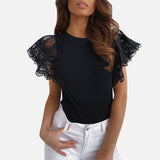 Mesh O-neck Patchwork Blouses Women 2020 Summer Office Lady Tops Woman Black White Solid Lace Petal Short Sleeve Female Blouse - ENSEIGNE DENIS