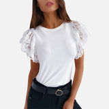 Mesh O-neck Patchwork Blouses Women 2020 Summer Office Lady Tops Woman Black White Solid Lace Petal Short Sleeve Female Blouse - ENSEIGNE DENIS