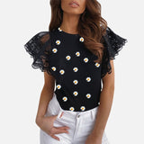 Mesh O-neck Patchwork Blouses Women 2020 Summer Office Lady Tops Woman Black White Solid Lace Petal Short Sleeve Female Blouse - ENSEIGNE DENIS