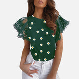 Mesh O-neck Patchwork Blouses Women 2020 Summer Office Lady Tops Woman Black White Solid Lace Petal Short Sleeve Female Blouse - ENSEIGNE DENIS