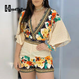 Deep V Neck Floral Half Sleeve Romper Women Playsuits Summer Casual One Piece Overalls - ENSEIGNE DENIS