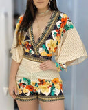 Deep V Neck Floral Half Sleeve Romper Women Playsuits Summer Casual One Piece Overalls - ENSEIGNE DENIS