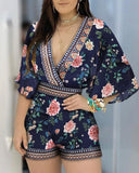 Deep V Neck Floral Half Sleeve Romper Women Playsuits Summer Casual One Piece Overalls - ENSEIGNE DENIS