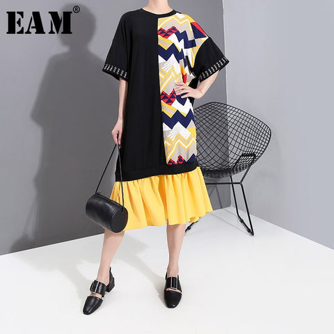 [EAM] Women Black Pattern Printed Ruffles Dress New Round Neck Half Sleeve Loose Fit Fashion Tide Spring Summer 2020 1T968 - ENSEIGNE DENIS