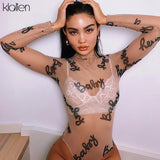 KLALIEN 2020 Summer Sexy Letter Print Transparent Mesh Bodysuits Long Sleeve See Through Baby Bodycon Rompers Women Jumpsuits - ENSEIGNE DENIS