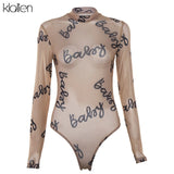 KLALIEN 2020 Summer Sexy Letter Print Transparent Mesh Bodysuits Long Sleeve See Through Baby Bodycon Rompers Women Jumpsuits - ENSEIGNE DENIS