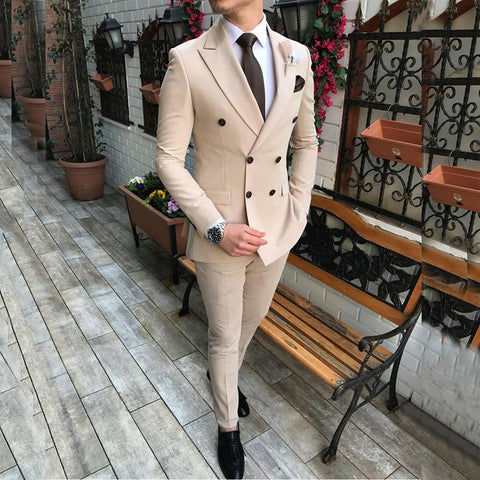 2020 New Beige Men's Suit 2 Pieces Double-breasted Notch Lapel Flat Slim Fit Casual Tuxedos For Wedding(Blazer+Pants) - ENSEIGNE DENIS