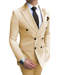 2020 New Beige Men's Suit 2 Pieces Double-breasted Notch Lapel Flat Slim Fit Casual Tuxedos For Wedding(Blazer+Pants) - ENSEIGNE DENIS