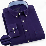 Men's Long Sleeve Oxford Plaid Striped Casual Shirt Front Patch Chest Pocket Regular-fit Button-down Collar Thick Work Shirts - ENSEIGNE DENIS