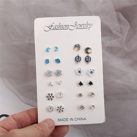 12 Pairs/set, Htzzy 2020 New Statement Earrings for Women Fashion Moon Universe Silver Color Stars Stud Earring Crystal Earrings - ENSEIGNE DENIS