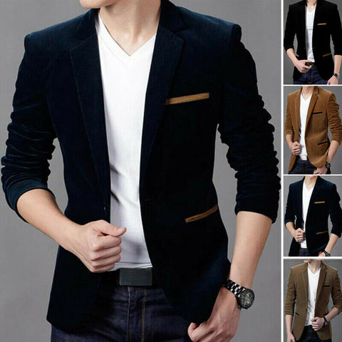 2019 Fashion Men Slim Fit Blazer Formal Suit Jacket One Button Casual Coat Long Sleeve Dress Jacket Autumn Winter Corduroy Solid - ENSEIGNE DENIS