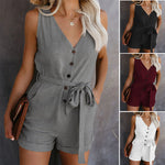 2020 New Women Casual V-neck Summer Jumpsuit Retro Button Sleeveless Jumpsuit Lady Mid Waist Straight Belt Bow Women's Shorts - ENSEIGNE DENIS