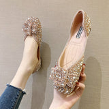 Ladies Bling Crystal Diamond Black Pink Dress Flats Womens Bow Sequins Single Shoes Rhinestone Glitter Square Toe Ballet Flats - ENSEIGNE DENIS